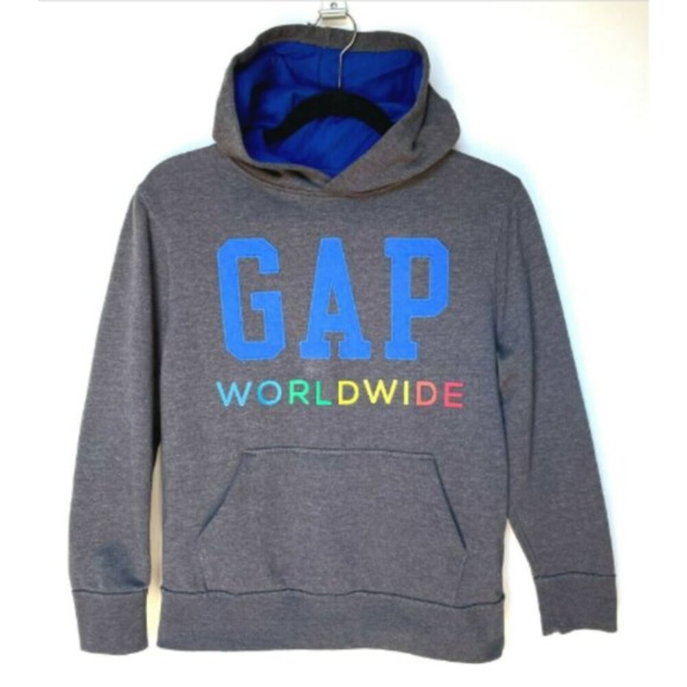 GAP Kids Worldwide Hoodie Gray Spellout Pullover Youth XL Fleece